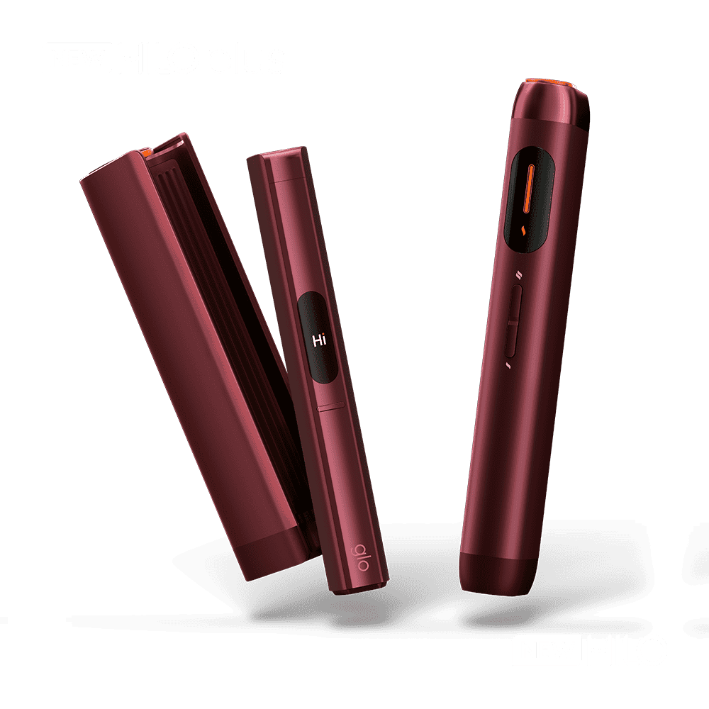 Three sleek, dark red electronic devices with black accent screens stand upright on a white background, displaying the text Hi on one of the screens. The words NEW HILO plus appear in the image corners.