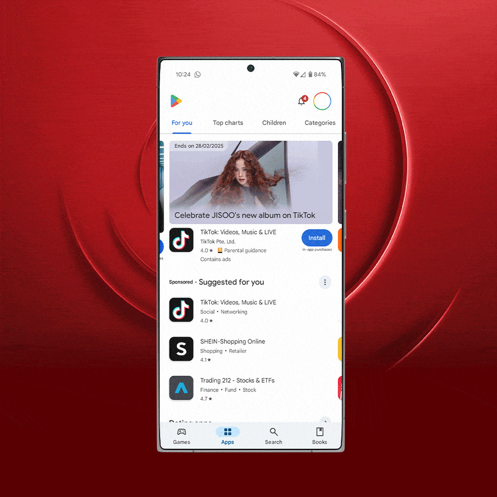 A smartphone displays the Google Play Store with TikTok and other app suggestions, set against a red background with circular patterns.