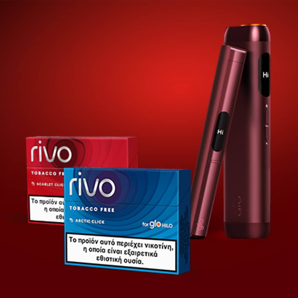 Two Rivo tobacco-free vape devices are displayed upright on a red gradient background, alongside two colorful product boxes labeled Scarlet Click (red) and Arctic Click (blue), with Greek warning labels.