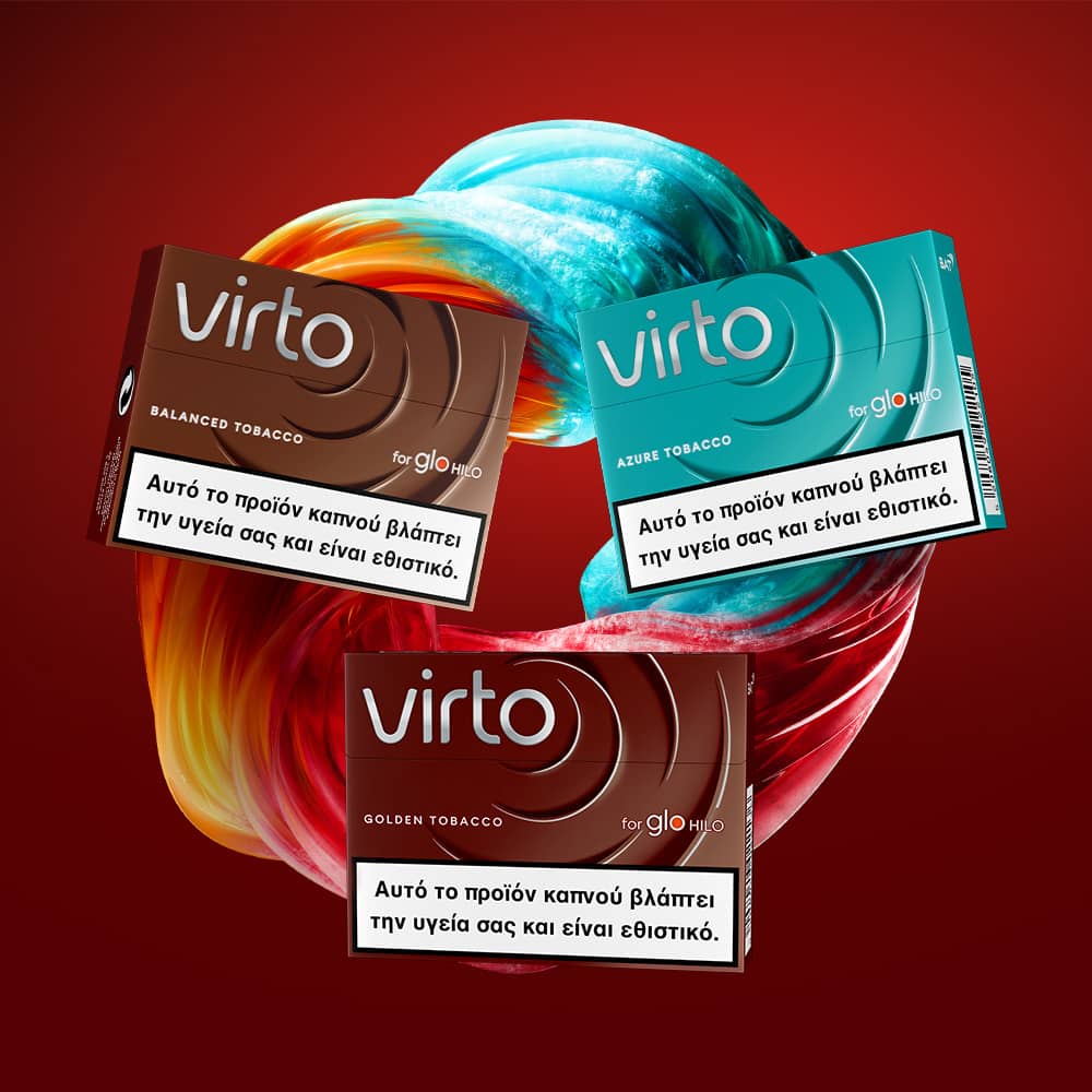 Three colored Virto tobacco packaging boxes (brown, turquoise, and dark brown) are displayed against a swirling, colorful abstract background and a red backdrop. Each box has a health warning in Greek.