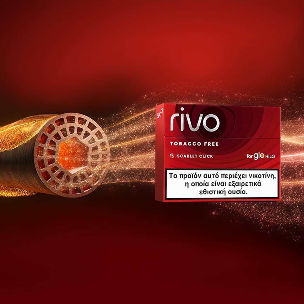 A close-up of a glowing tobacco-free heat stick next to a red Rivo Scarlet Click pack for Glo Hilo, with a Greek nicotine warning label on the package, against a dynamic red background.
