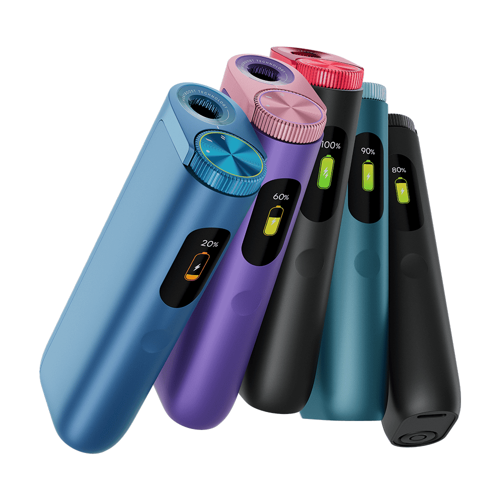 Five colorful electronic devices, each with a percentage indicator on a small display, are standing upright and slightly tilted. The devices are in blue, purple, black, teal, and dark gray colors with metallic top accents.