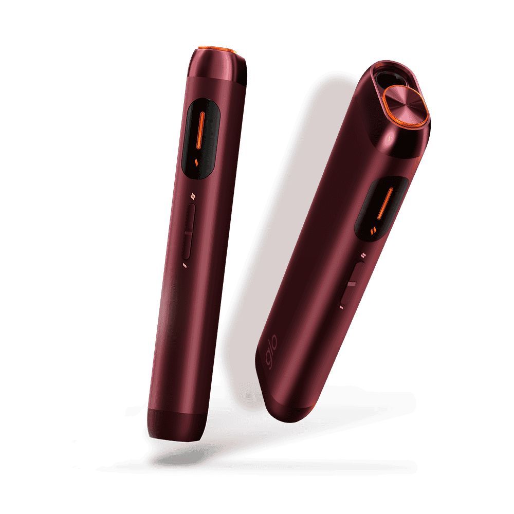 Two sleek, maroon-colored electronic devices with black and orange accents are standing and floating against a white background. Both have cylindrical bodies and display panels.