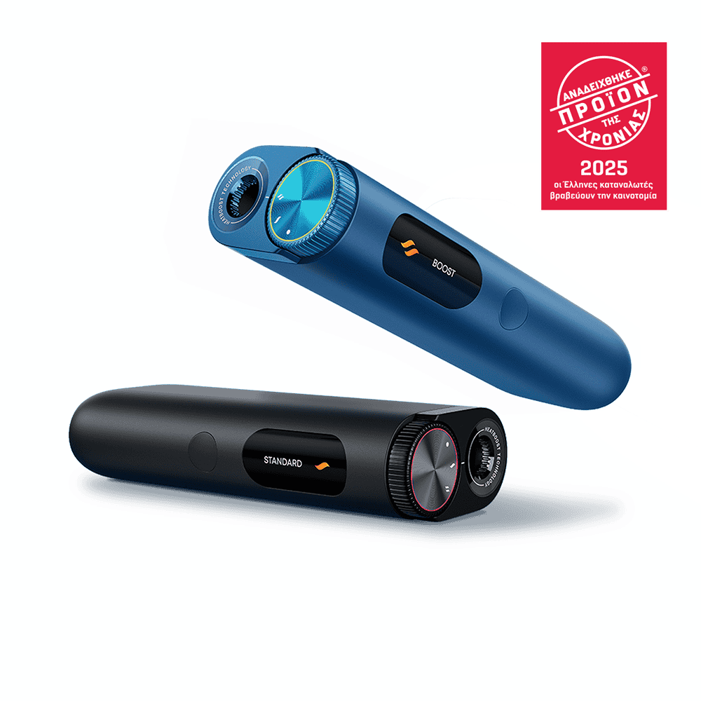 Two sleek electronic devices, one blue and one black, with circular controls and digital displays labeled BOOST and STANDARD. A red badge in Greek appears in the top right corner.