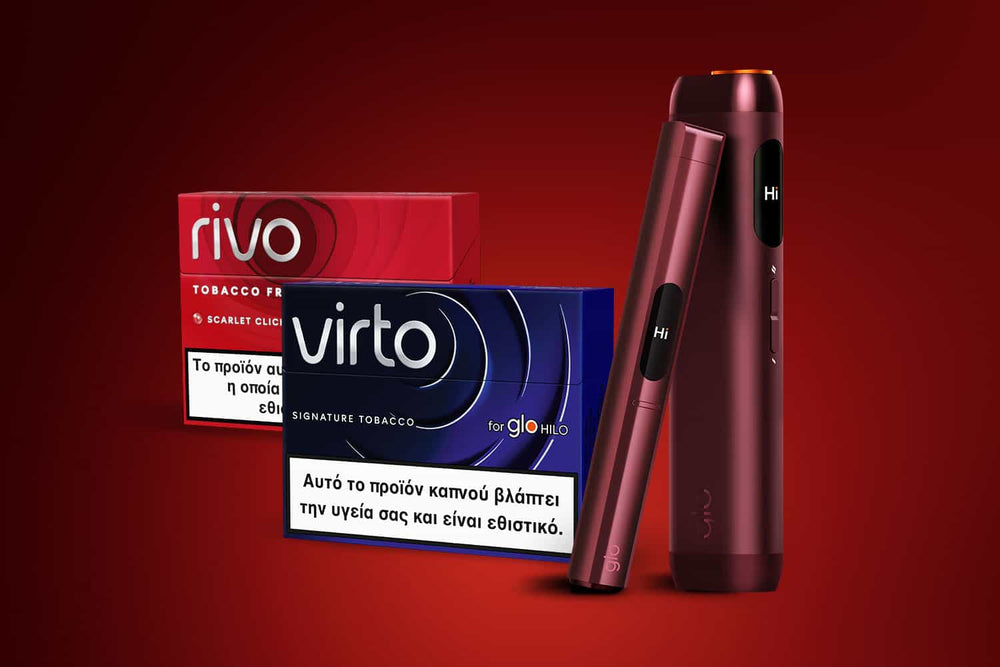 A maroon electronic cigarette device stands upright next to red rivo and blue virto tobacco product boxes, both featuring Greek health warnings, against a red gradient background.