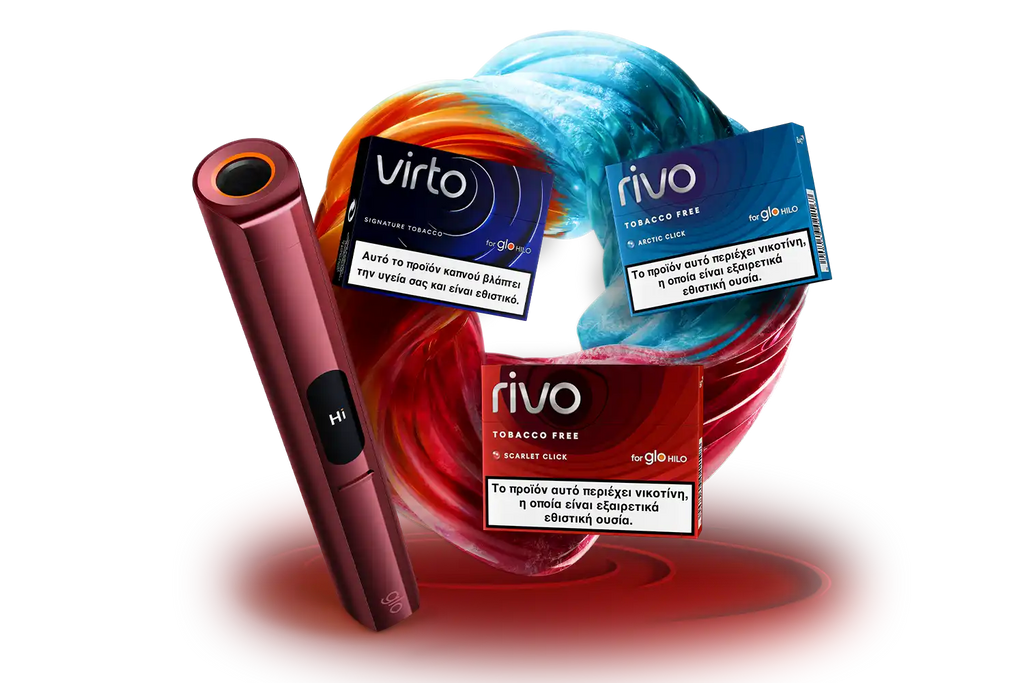 A sleek electronic device stands upright next to colorful swirling abstract shapes, with three labeled tobacco-free product packs—Virto and Rivo—displaying Greek text and health warnings.