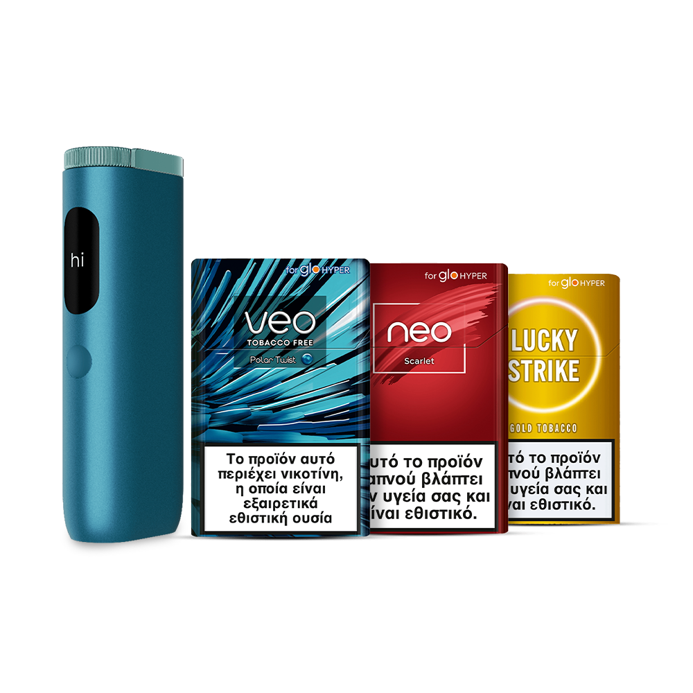 A blue electronic vaping device stands next to three colorful tobacco product packs labeled veo, neo, and Lucky Strike, each with a Greek health warning at the bottom.