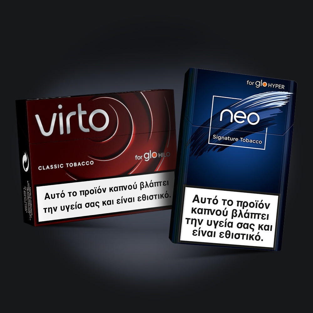 Two cigarette packs, one red labeled virto and one blue labeled neo, both with Greek warning labels stating smoking damages health and is addictive, displayed against a dark background.