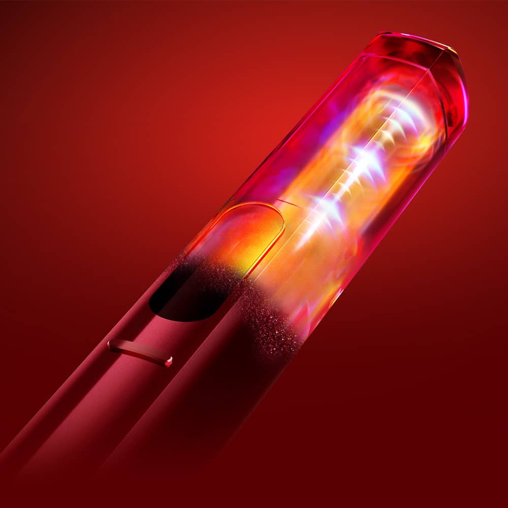 A close-up of a sleek, red vape pen emitting colorful, swirling light effects inside its transparent tip, set against a vibrant red background.