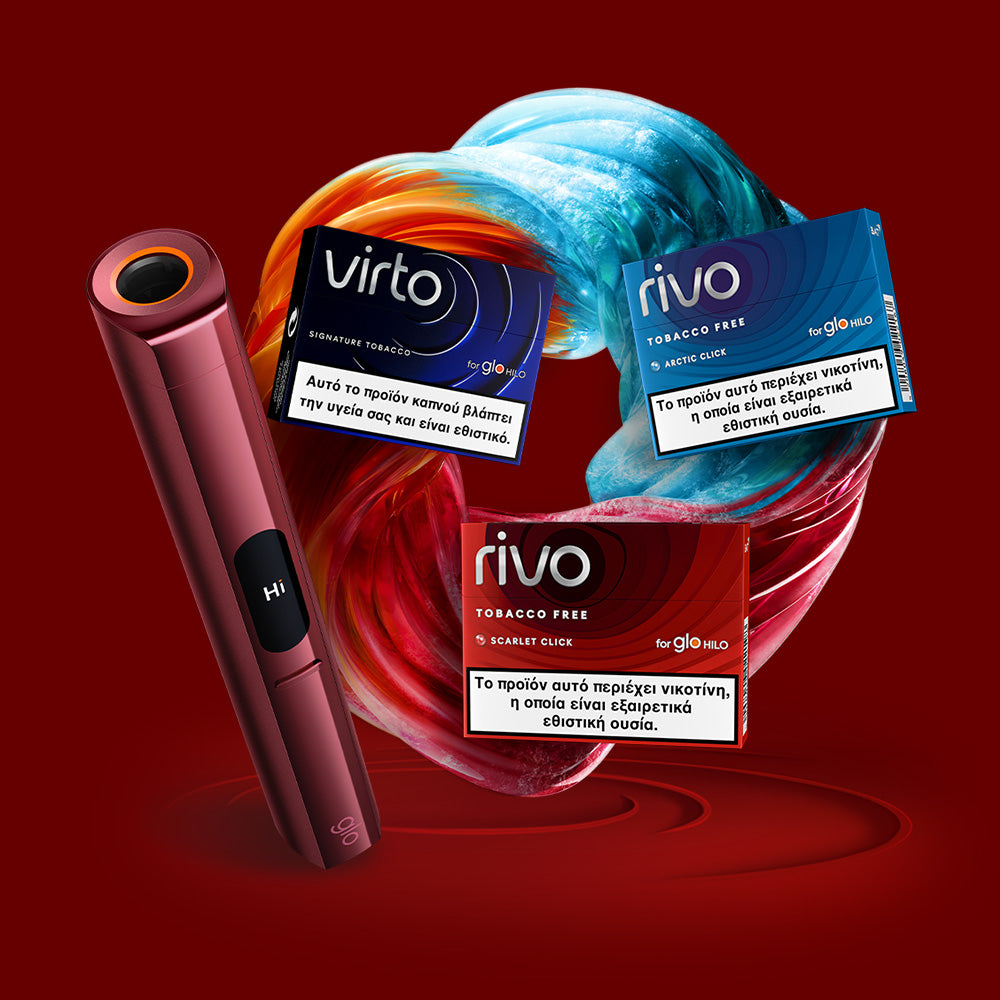 A red Glo device and three colorful tobacco or nicotine-free product packs labeled Virto and Rivo are displayed against a swirling red and blue background. Packaging includes Greek health warnings.