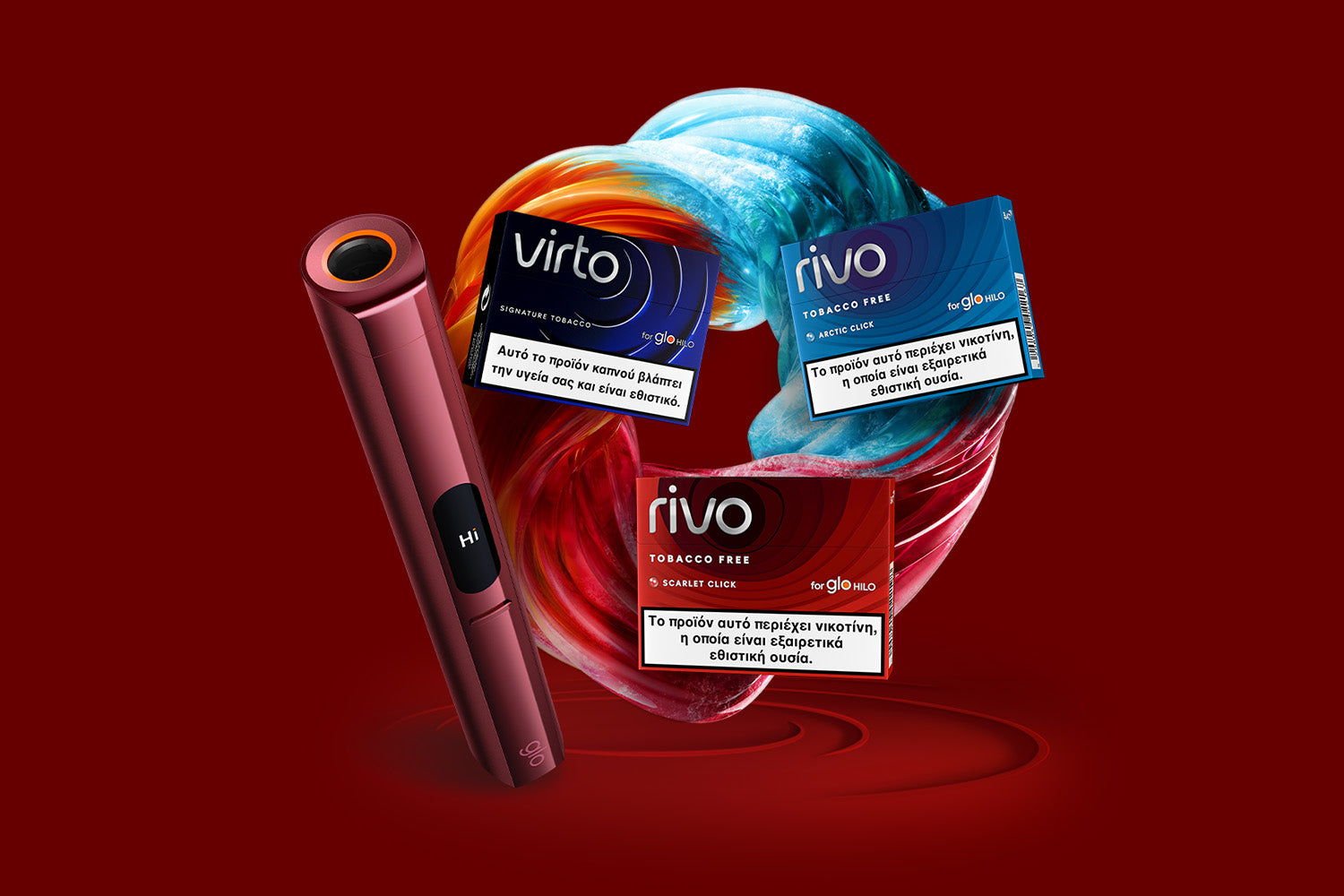 A red electronic vaping device is shown beside three colorful tobacco-free nicotine pouch packs labeled virto and rivo, displayed on a red background with a swirling abstract shape behind them.