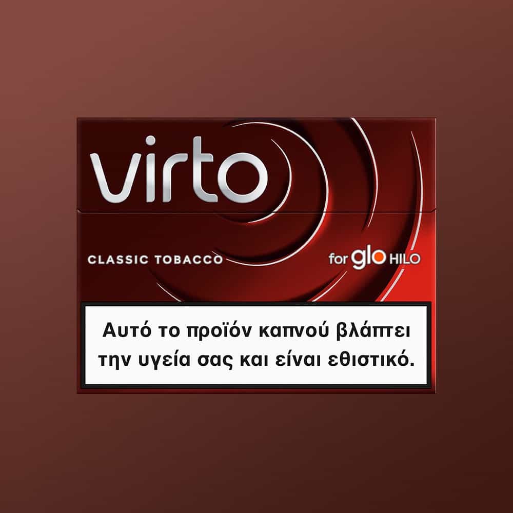 A red pack labeled virto™ Classic Tobacco for glo HILO features a Greek warning: Αυτό το προϊόν καπνού βλάπτει την υγεία σας και είναι εθιστικό, meaning This tobacco product harms your health and is addictive.