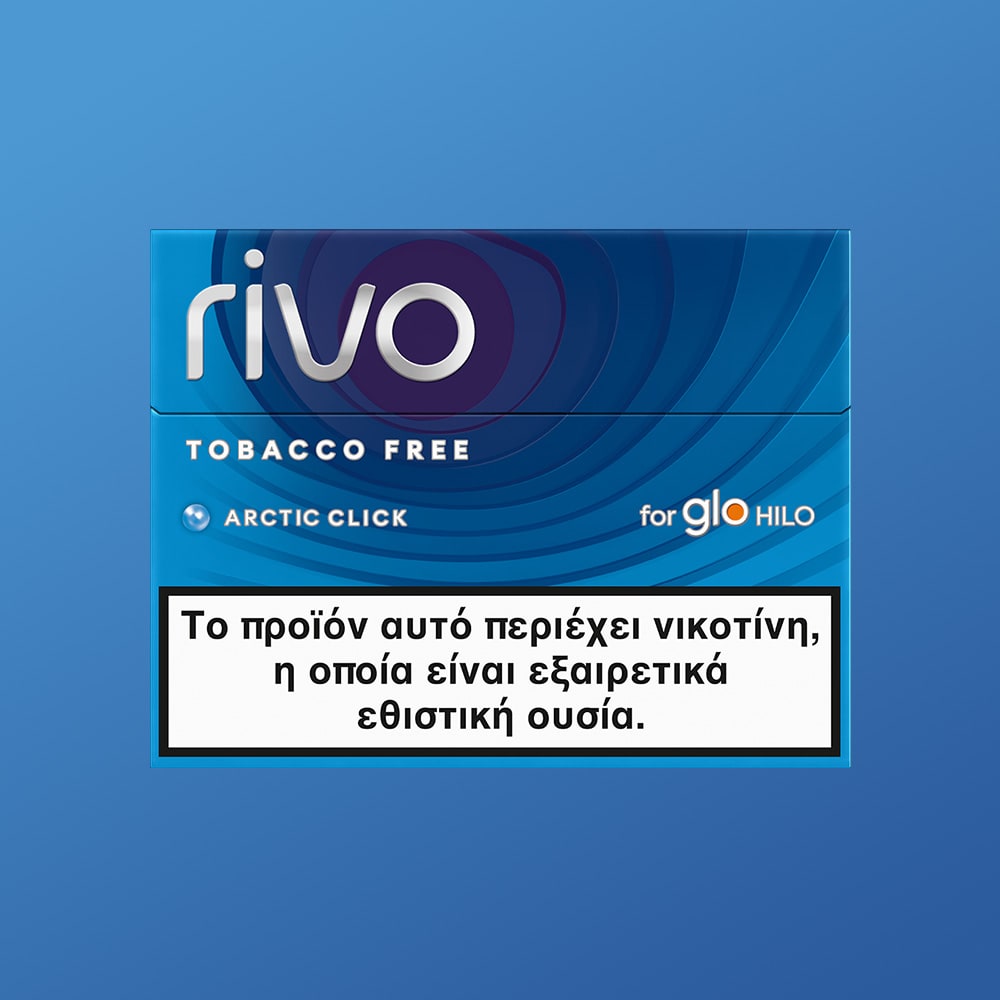 A box of rivo™ Arctic Click tobacco-free sticks for glo Hilo in blue, with a Greek label stating the product contains nicotine, which is highly addictive.
