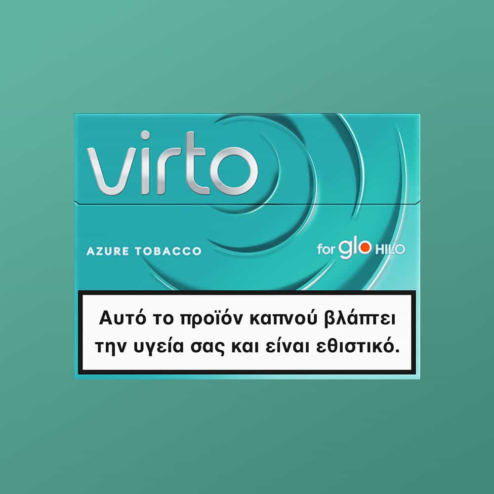 A turquoise pack of virto™ Azure Tobacco for glo Hilo is displayed against a teal background, featuring a Greek warning label indicating the product is harmful to health and addictive.