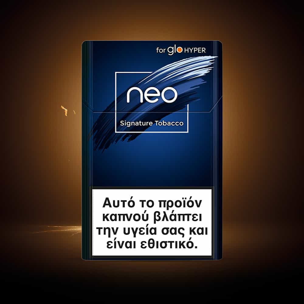 A dark blue pack of neo™ Signature Tobacco for glo HYPER with a Greek warning label at the bottom stating, “This product damages your health and is addictive,” set against a dark, glowing background.