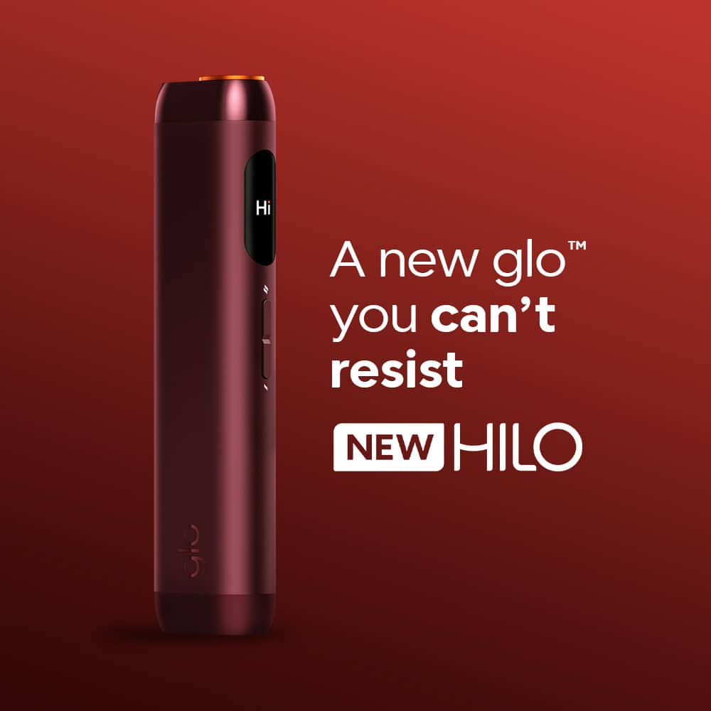 A sleek, red device labeled glo™ HILO stands upright on a red gradient background. Text reads: A new glo™ you can't resist, featuring Turbostart technology. NEW HILO.