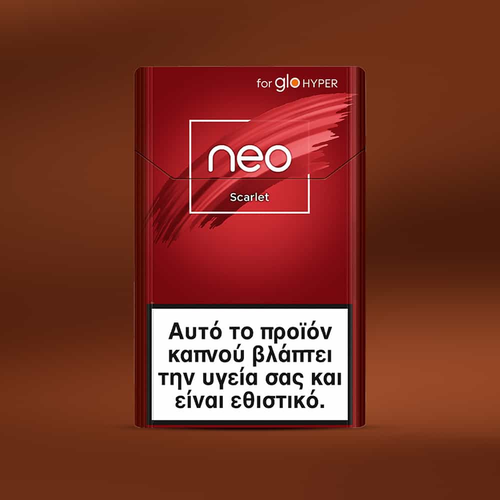 A red neo™ Scarlet pack for glo Hyper is displayed against a brown background, featuring a Greek health warning at the bottom stating that the product is harmful and addictive.