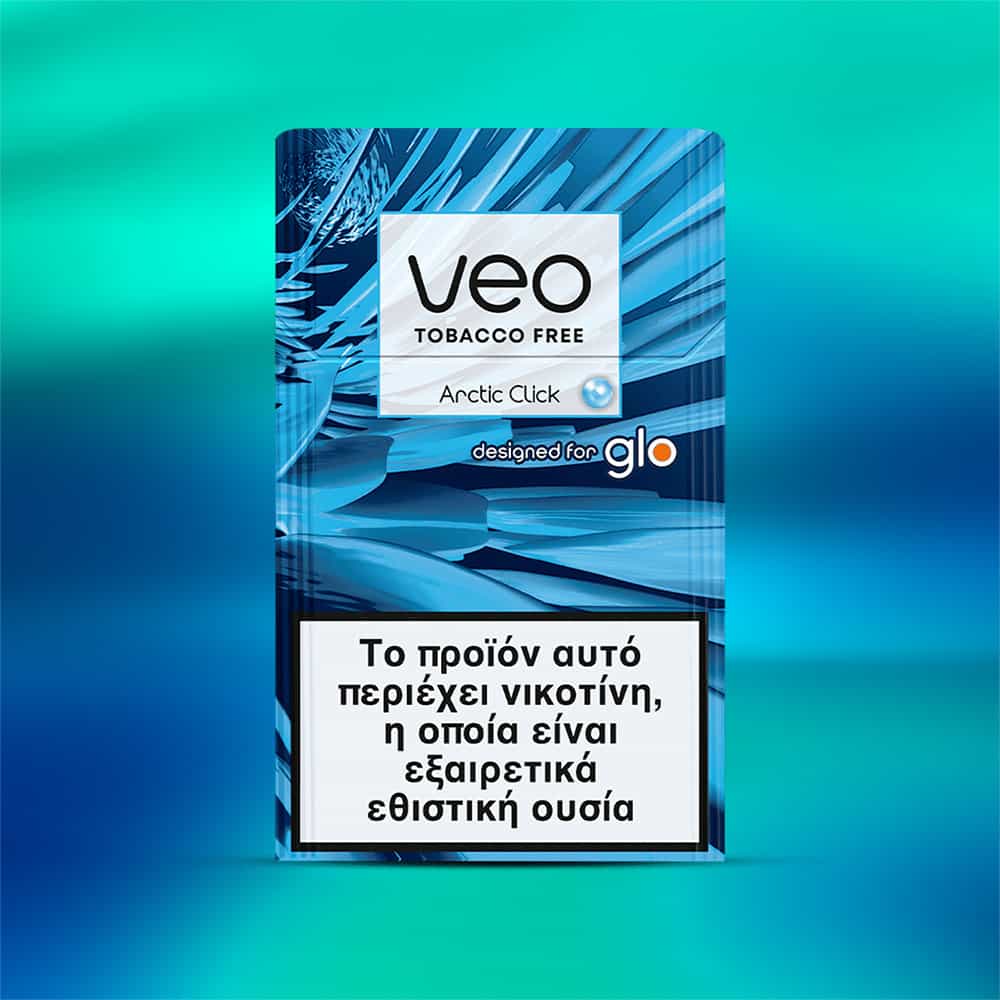 A veo™ Arctic Click package, featuring abstract blue patterns and Greek text warning of highly addictive nicotine. Designed for Glo devices and tobacco free.