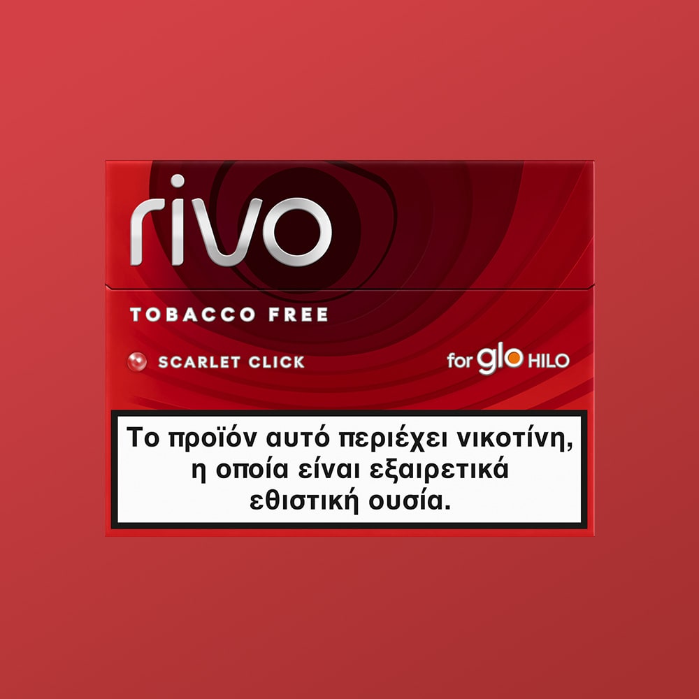 A solid red pack labeled “rivo™ Scarlet Click TOBACCO FREE for glo HILO” features a Greek warning that the product contains nicotine, a highly addictive substance.
