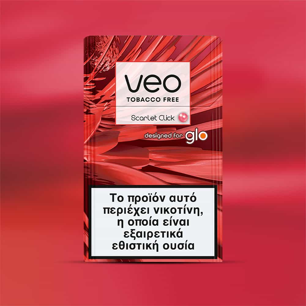 A veo™ Scarlet Click pack in red with abstract patterns, labeled "designed for glo." A large white Greek warning reads: This product contains nicotine, which is a highly addictive substance.