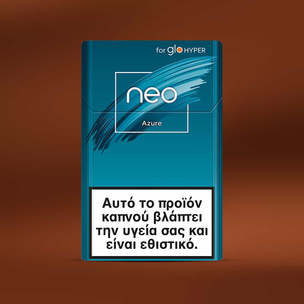A blue pack of neo™ Azure tobacco sticks featuring a Greek warning at the bottom stating this product damages health and is addictive.