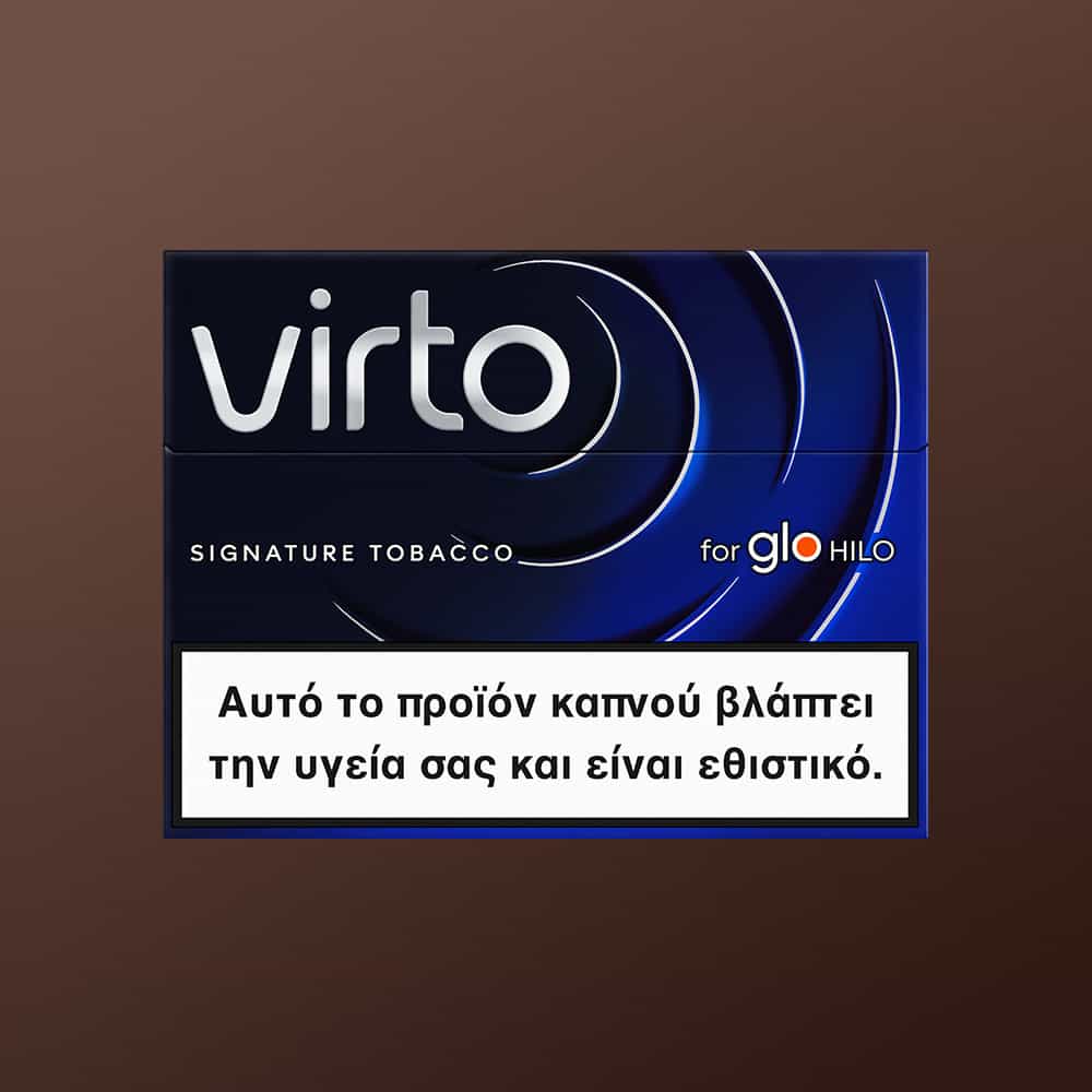 A blue package of virto™ Signature Tobacco for glo HILO with a Greek warning: Αυτό το προϊόν καπνού βλάπτει την υγεία σας και είναι εθιστικό. (This tobacco product harms your health and is addictive).