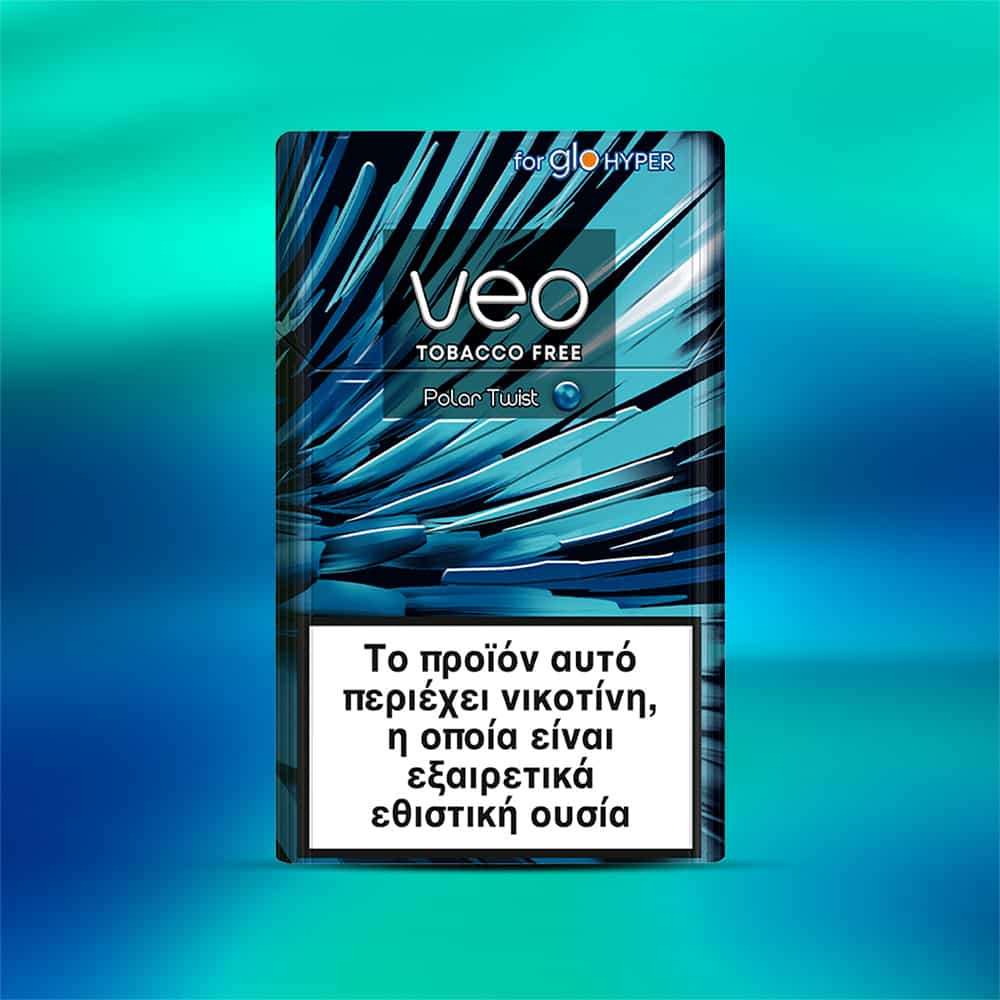 A packet of veo™ Polar Twist featuring a blue abstract design. The Greek warning label notes this product contains nicotine, a highly addictive substance.