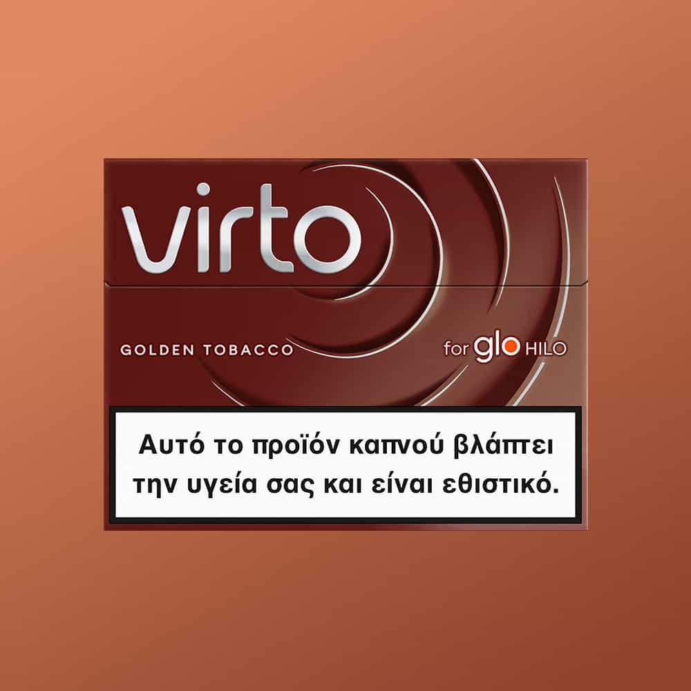 A pack of virto™ Golden Tobacco for glo HILO is shown on a brown background. The Greek warning label reads: Αυτό το προϊόν καπνού βλάπτει την υγεία σας και είναι εθιστικό.