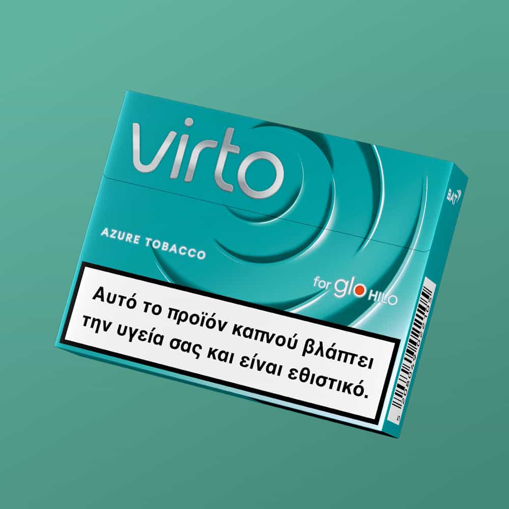 A teal box of virto™ Azure Tobacco for glo Hilo is displayed on a matching teal background, featuring a Greek warning label indicating the product is harmful and addictive.
