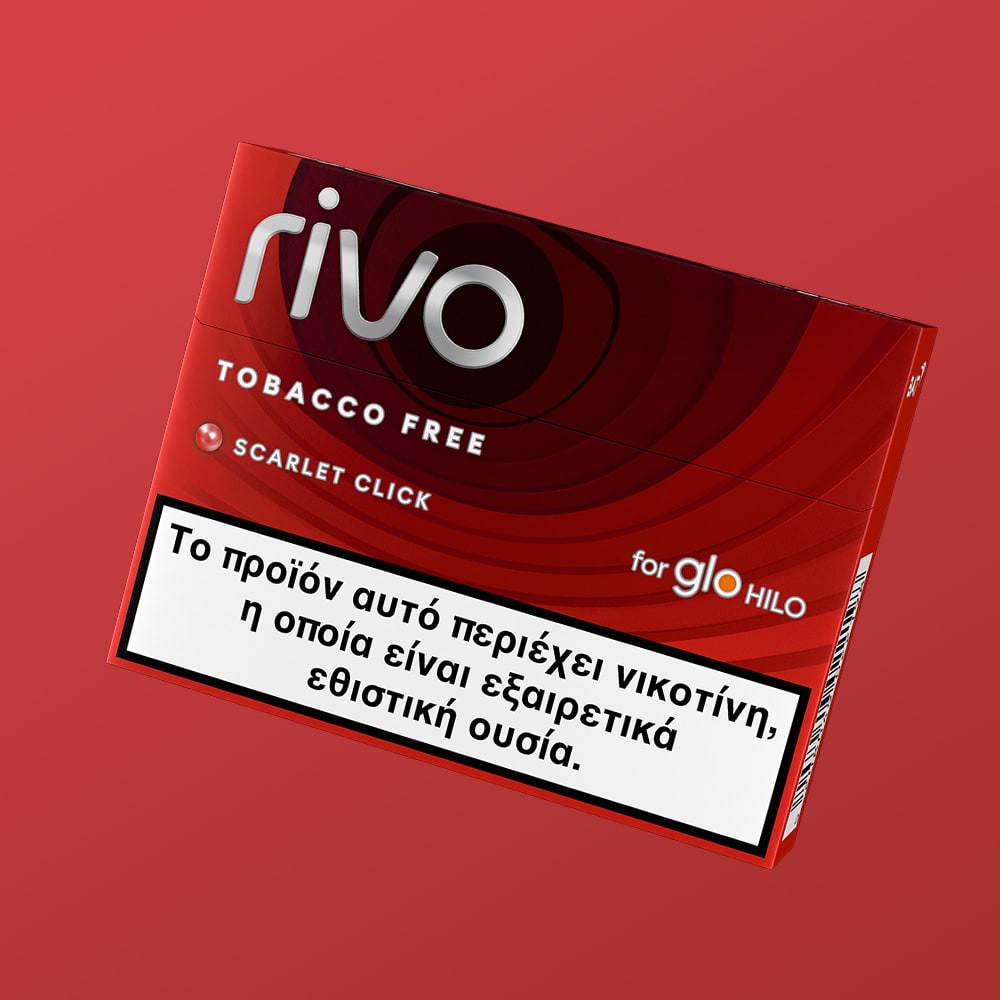 A box of rivo™ Scarlet Click tobacco-free sticks for glo HILO devices, featuring a Greek nicotine warning label on a solid red background.