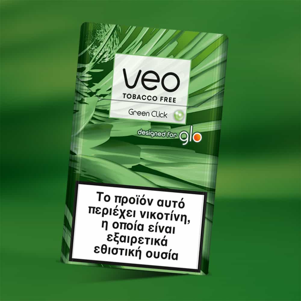 A rectangular green veo™ Green Click packet for glo, featuring a white Greek nicotine warning box, is set against a green background.