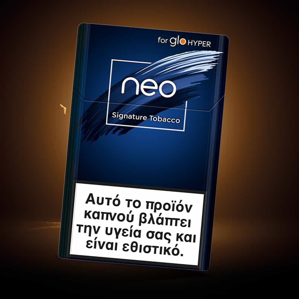 A neo™ Signature Tobacco pack for glo HYPER is shown with a Greek warning: "This product harms your health and is addictive," set against a dark background.