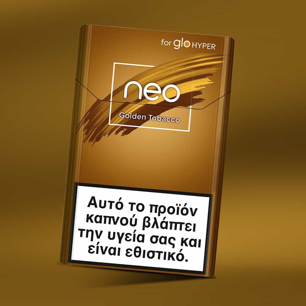 A pack of neo™ Golden Tobacco for glo HYPER features a gold and brown design with a white warning label in Greek stating the product is harmful to health and addictive.