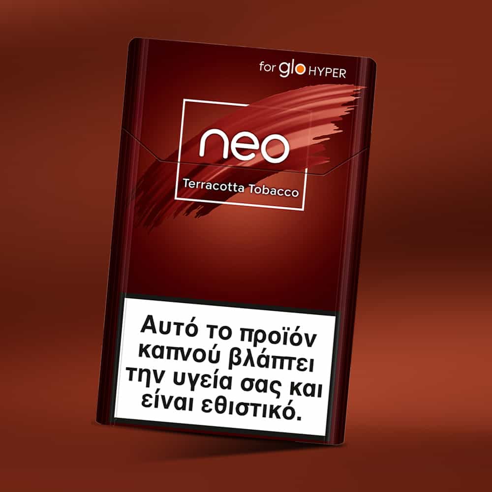 A red pack of neo™ Terracotta Tobacco for glo HYPER is displayed on a matching background. A white Greek warning label at the bottom indicates the product is harmful to health and addictive.
