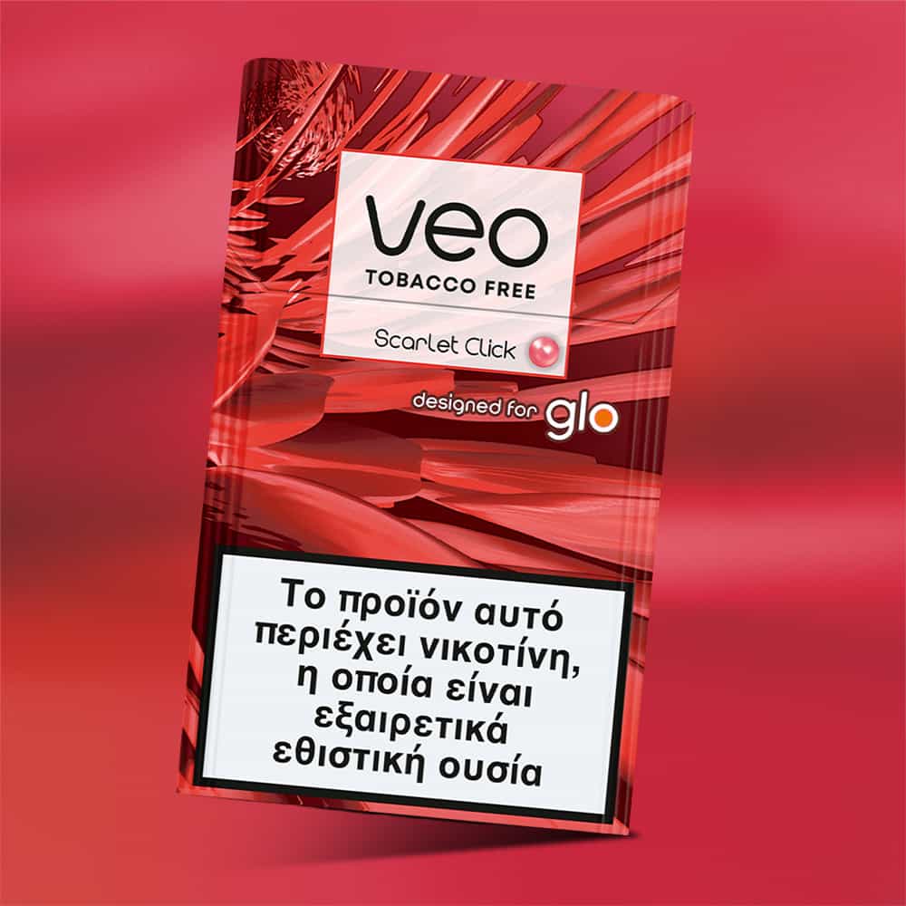A red and white veo™ Scarlet Click packet for glo, labeled "TOBACCO FREE" with a Greek warning that it contains nicotine, a highly addictive substance.