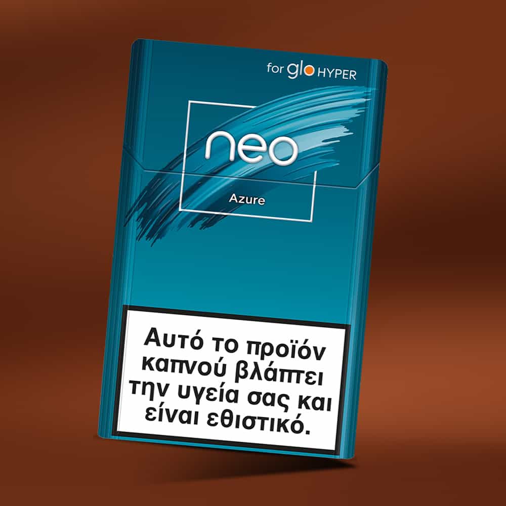 A blue packet of neo™ Azure tobacco sticks for glo HYPER features a large white warning label in Greek at the bottom: This tobacco product damages your health and is addictive.
