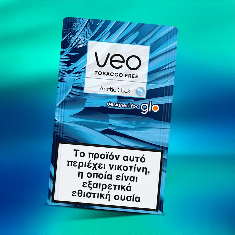 A veo™ Arctic Click package in blue with Greek text warns it contains nicotine, a highly addictive substance. The design features icy patterns and glo branding, highlighting this tobacco-free product.