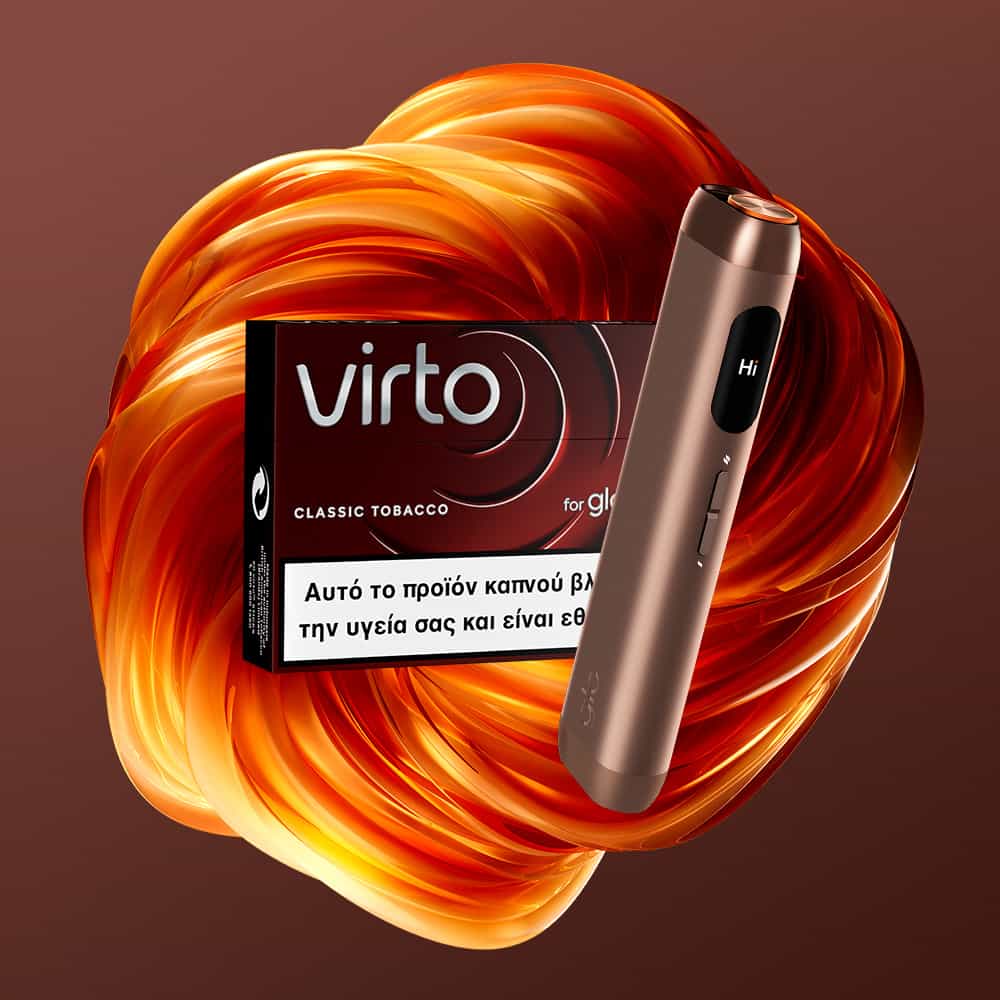 A sleek electronic tobacco device with a pack of virto™ Classic Tobacco featuring Greek health warnings, set on an abstract brown and orange background.