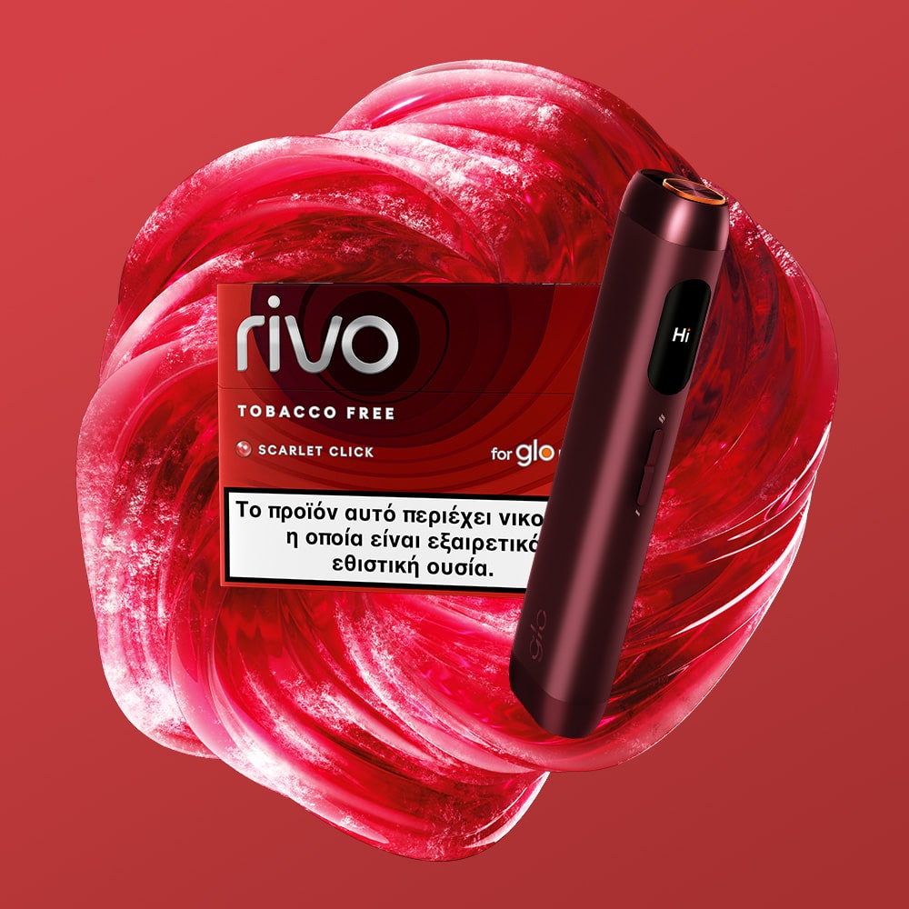 The rivo™ Scarlet Click, a sleek dark red electronic vaping device, and a matching tobacco-free flavor pack with Greek health warnings are displayed against a swirling red background.