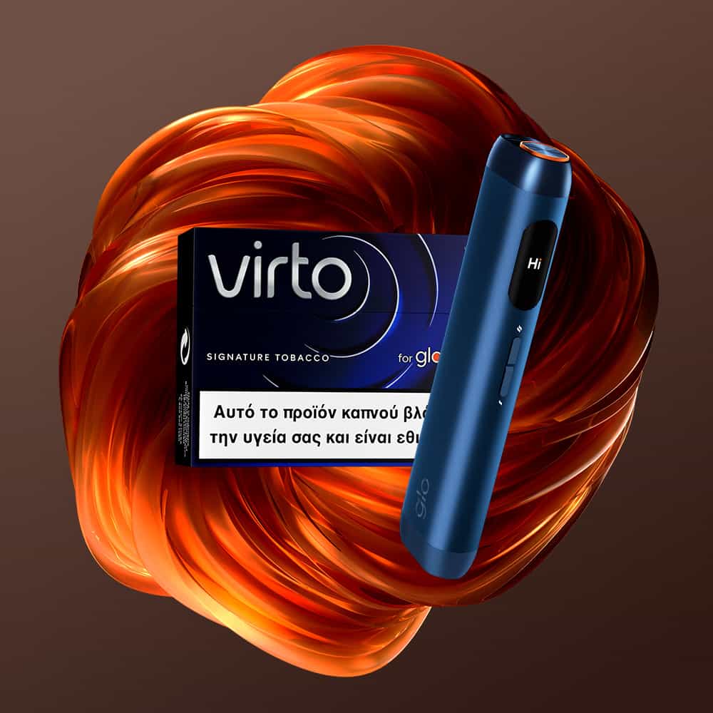 A blue electronic tobacco device and a pack of virto™ Signature Tobacco are displayed against a swirling, copper-colored abstract background. The tobacco pack features Greek text.