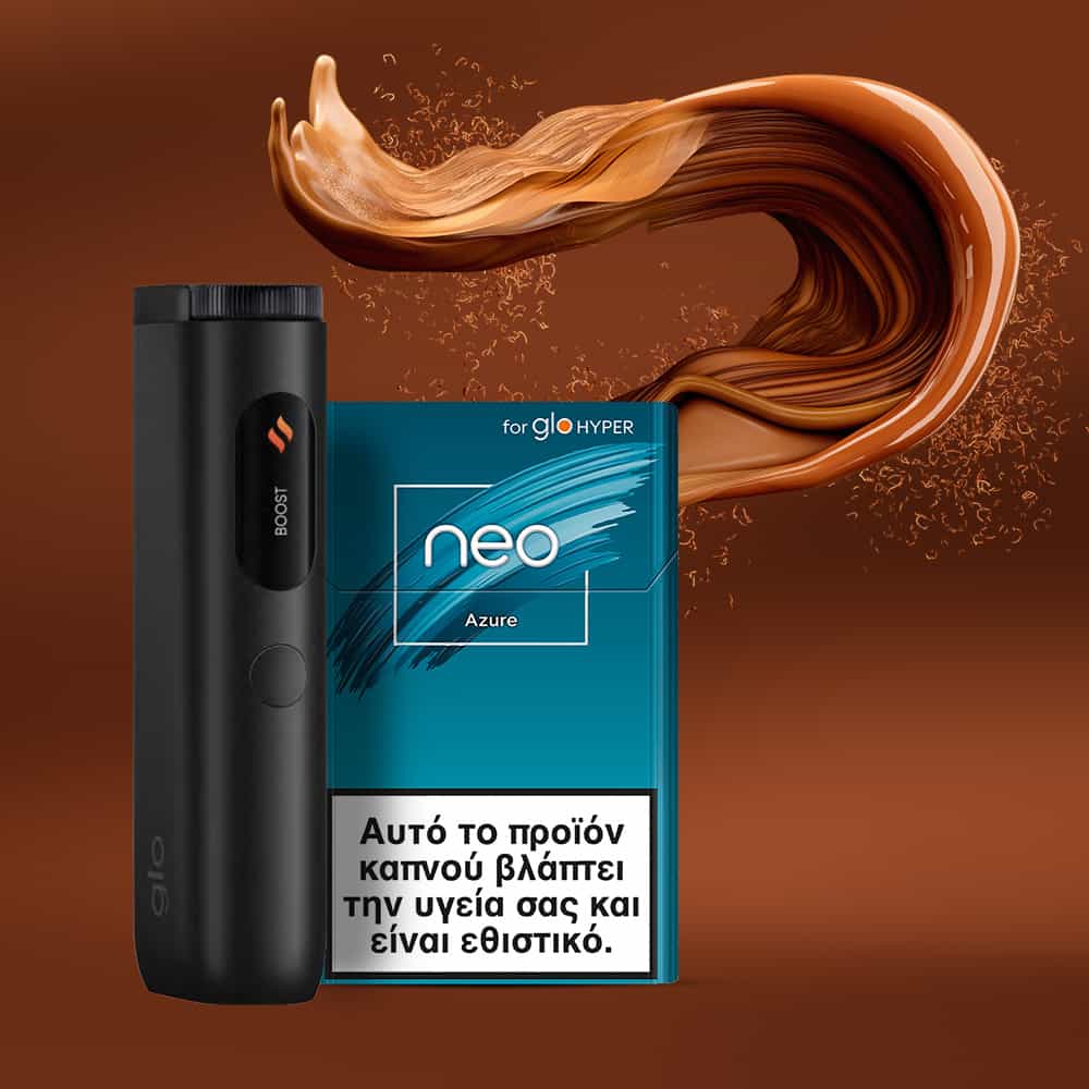 A black glo Hyper device stands beside a neo™ Azure blue tobacco pack with Greek health warnings. Above, swirling brown vapor or liquid rises, all set against an orange background.