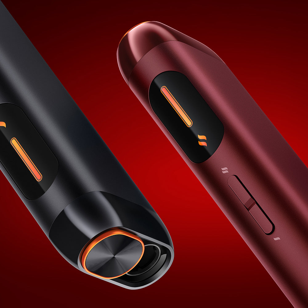 Two sleek, modern electronic devices in matte black and metallic red are displayed diagonally on a red gradient background, showcasing their buttons and illuminated orange accents.