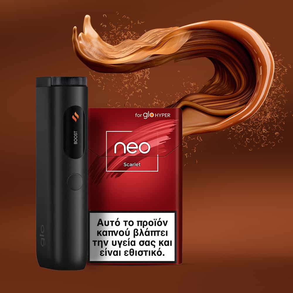 A black electronic device stands beside a red neo™ Scarlet pack, with a swirl of brown vapor above them. Greek text at the bottom of the pack warns about health risks.