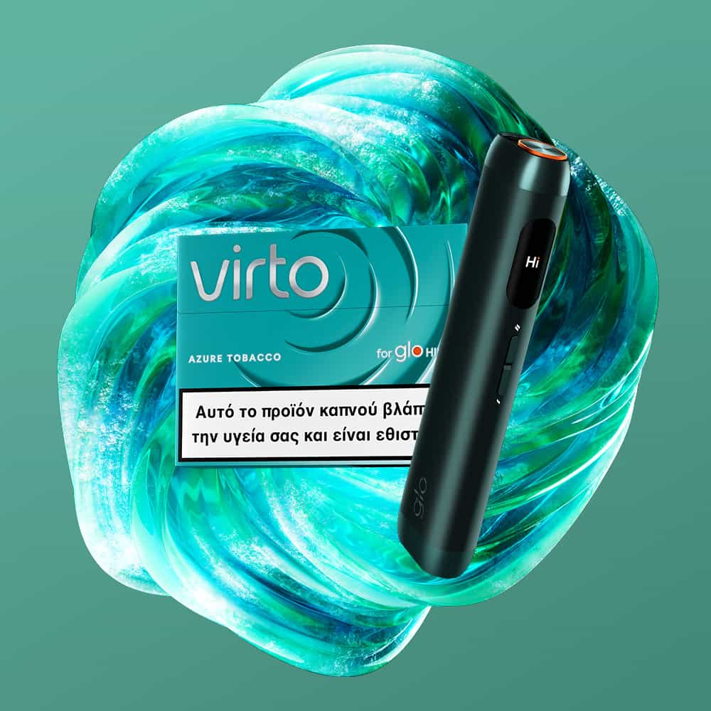 A box labeled virto™ Azure Tobacco and a black cylindrical device are displayed against a swirling turquoise background, with Greek text visible on the box.