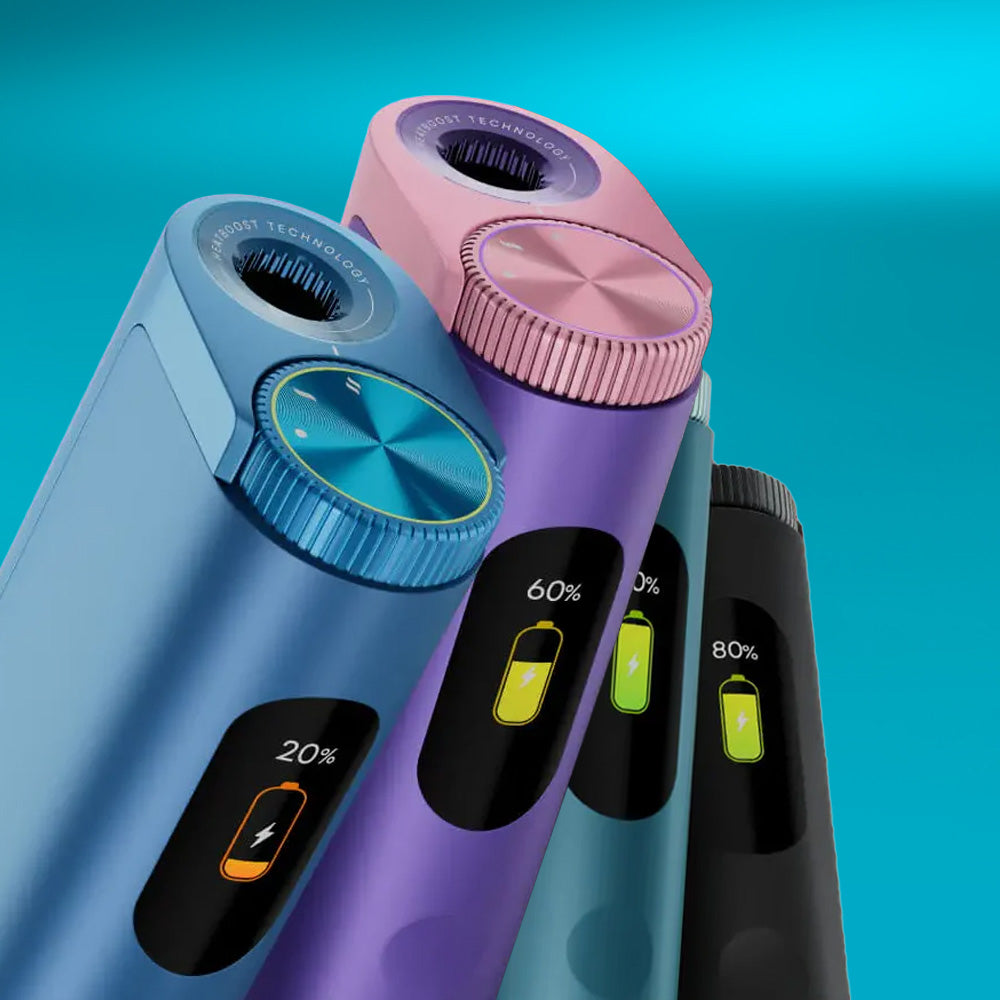 Four sleek glo™ HYPER PRO vapes with metallic dials and battery displays (20%, 60%, 60%, 80%) are shown against a blue background. The colorful devices come in blue, pink, purple, and black.