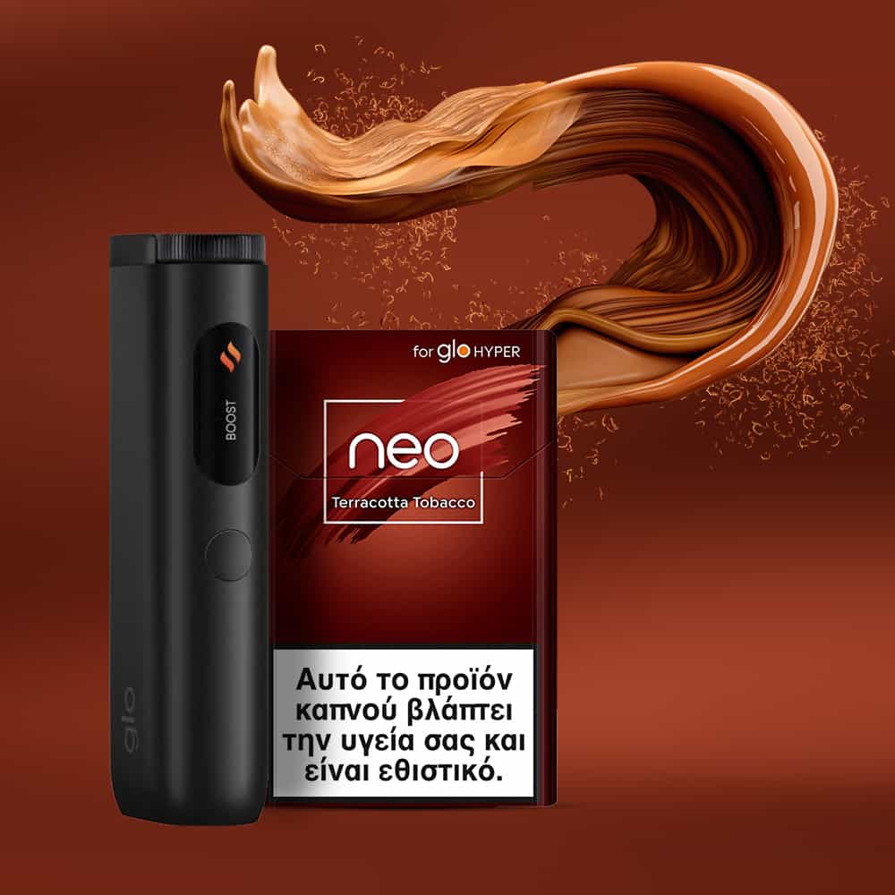 A black e-cigarette stands beside a pack of neo™ Terracotta Tobacco sticks, with a brown swirl above. The Greek warning label states the product is harmful and addictive. The background features a rich brown color.