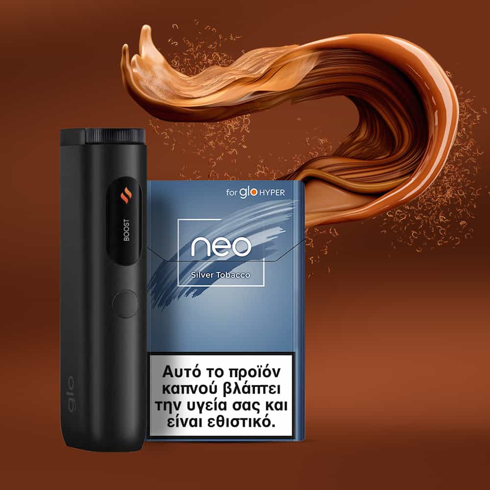 A black electronic cigarette device stands beside a blue pack of neo™ Silver Tobacco featuring a Greek warning, with swirling brown smoke in the background.