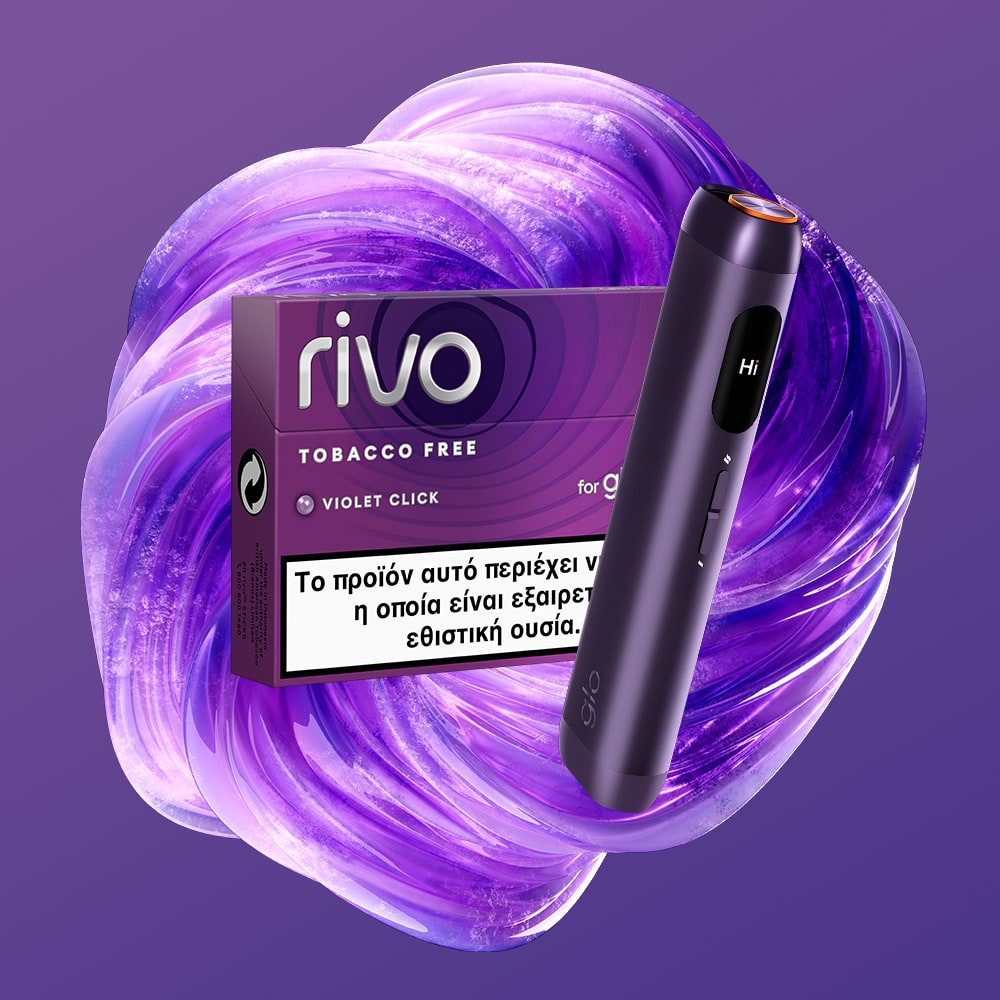 The rivo™ Violet Click device in black and a purple rivo™ Violet Click tobacco-free pack with Greek text are shown against a swirling purple background. The device’s display reads "Hi.