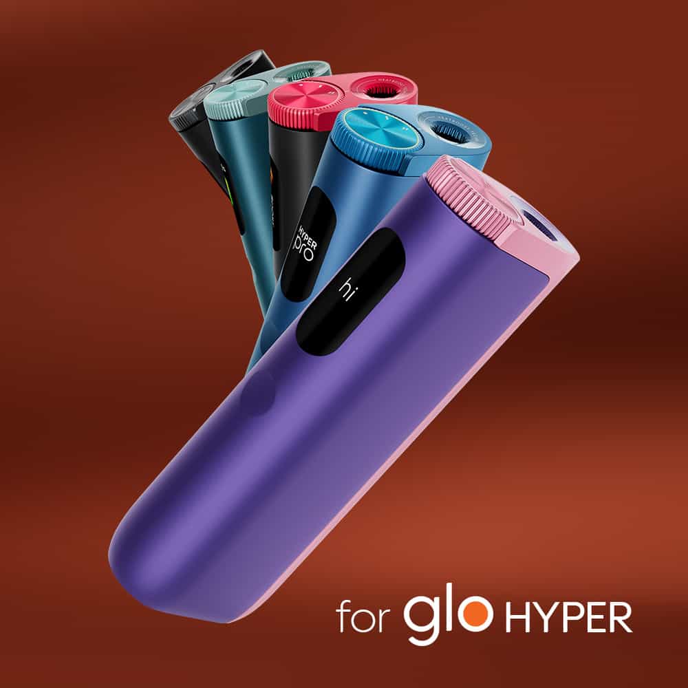 A row of colorful electronic vaping devices labeled "glo HYPER" is displayed on a brown background, promoting the neo™ Terracotta Tobacco flavor. The devices appear in shades such as purple, blue, teal, and gray.