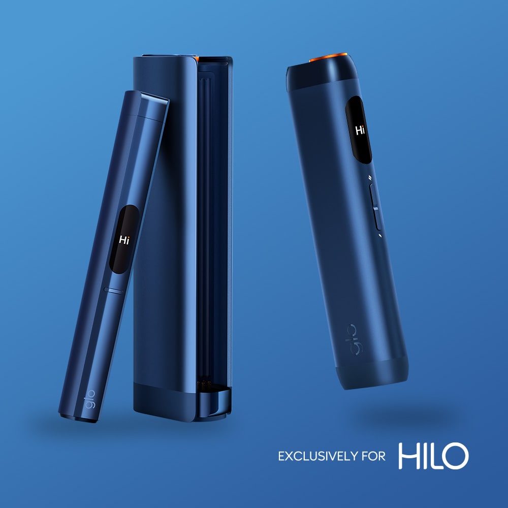 Two sleek, dark blue rivo™ Arctic Click vape devices are displayed on a blue background—one upright, one in a matching case—with "EXCLUSIVELY FOR HILO" in the lower right corner.